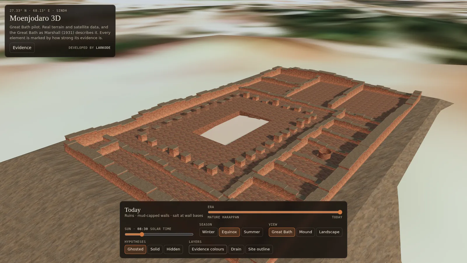 3D model of the Great Bath ruins with low walls and an empty tank.