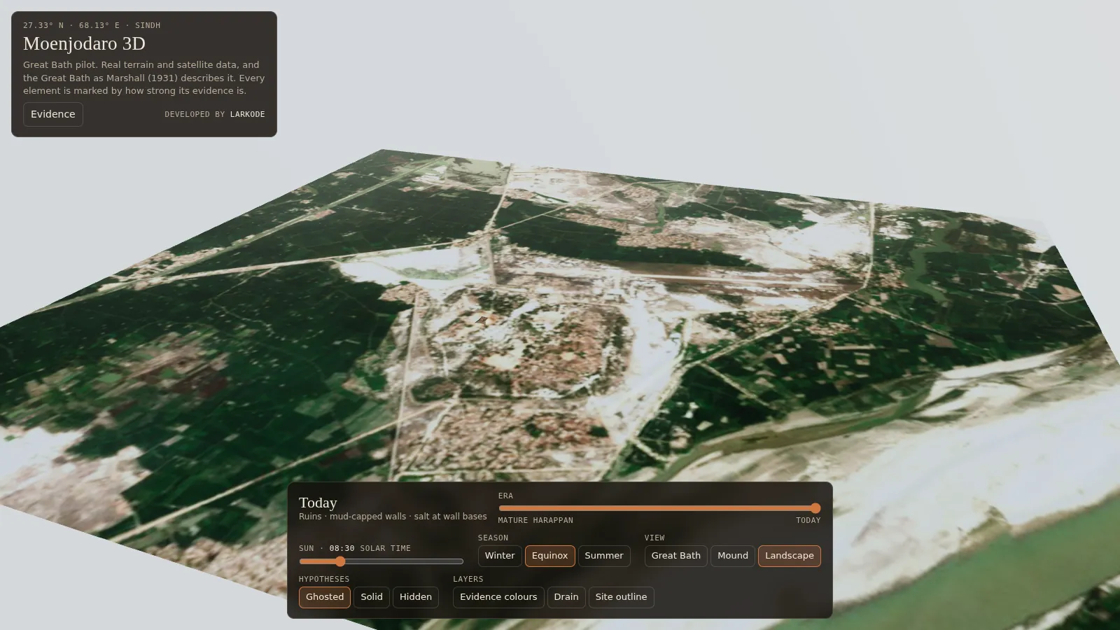 Aerial 3D view of the Mohenjo-daro landscape with the Indus river.